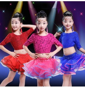 Fuchsia hot pink royal blue red lace rhinestones girls kids children baby school play stage ballroom gymnastics performance competition latin salsa ballroom dance dresses with ruffles skirts outfits 